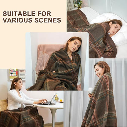 YOUR MOON 100% Pure Merino Wool Twin Size, Australian Organic Natural Wool Blanket, Hypoallergenic Wool Blanket for Bed, Medium Weight(Plaid Brown, 66 * 90)