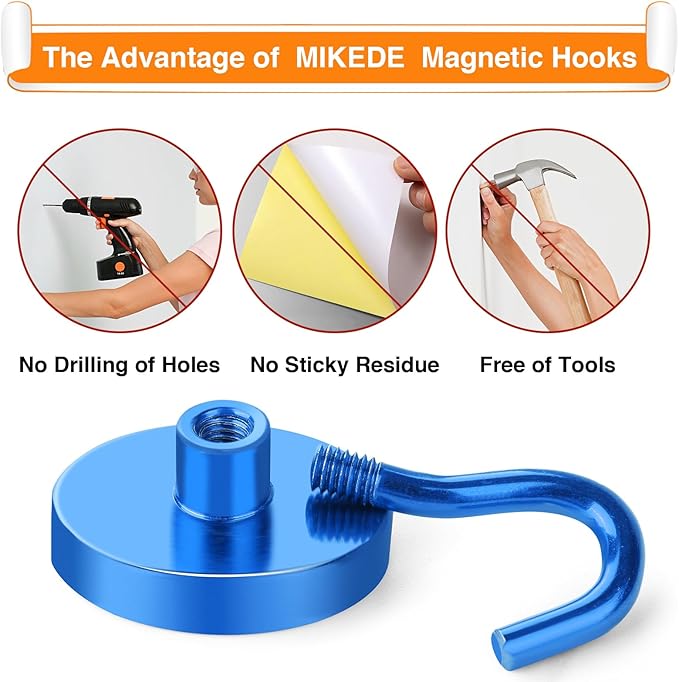 MIKEDE Strong Magnetic Hooks, 110Lbs Heavy Duty Magnetic Hooks for Cruise, Neodymium Earth Magnets with Hooks for Hanging, Super Metal Industrial Magnets for Grill, Storage (Blue,10 Pack)