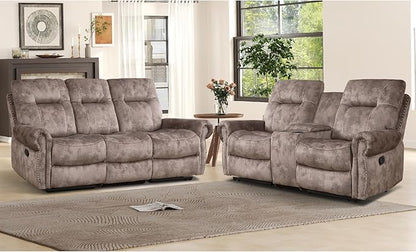 EBELLO 2 Pieces Manual Reclining Couch Furniture Set for Living Room, 2 Seat Loveseat and a 3 Seater Sofa, Vintage Rivet Mid-Century Design for Living Room, Brown