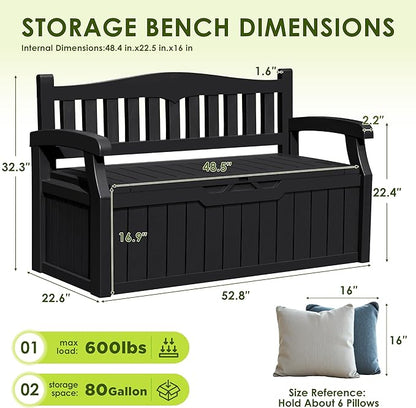Greesum 80 Gallon Outdoor Storage Bench, Resin Patio Furniture with Armrest,Waterproof and UV-Resistant, Perfect to Garden, Poolside and Lawn, Dark Black
