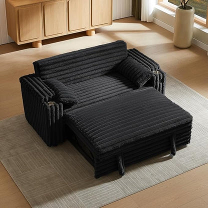 68.11" Corduroy Convertible Sofa Bed with USB Charging Port, Foldable Sleeper Chair with Pillows & Armrests, 3-in-1 Floor Couch for Living Room, Bedroom, Guest Room – Black