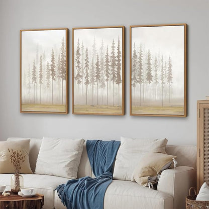 SIGNINART Large Pine Tree Framed Canvas Wall Art Set, Foggy Forest Landscape Wall Decor, Modern Beige Nature Artwork, Misty Forest Wall Painting for Living Room, Bedroom,Office 16 x24 x3