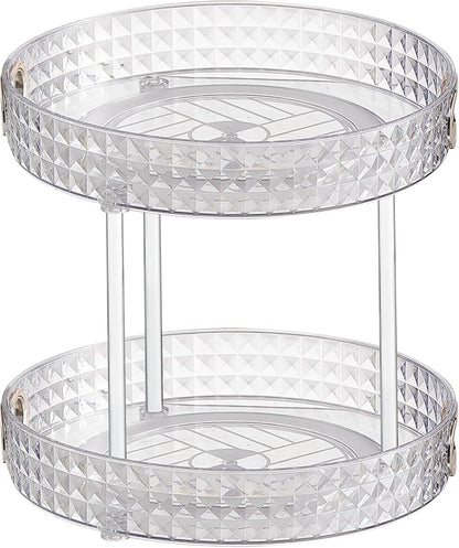 Wesoke 2 Tier Lazy Susan Turntable Cupboard Organiser, Large Rotating Kitchen Spice Rack Spinning Condiment Seasoning Organizer, Detachable Revolving Bathroom Makeup Tray Holder for Cabinet Fridge