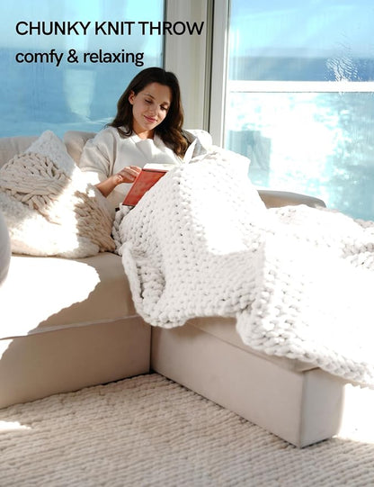 YnM Chunky Throw Blanket, Hand Knitted with Chenille Yarn, Skin Friendly, Ventilated and Breathable, Machine Washable, Home Décor Piece for Couch, Sofa and Bed (White, 30x40 Inch)