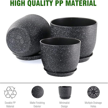 9/8/7.5 inch Plant Pots, Set of 3 Modern Decorative Plastic Planters with Drainage Holes and Saucer for Garden House Plants, Flower Pots for Indoor Outdoor Plants, Speckled Black