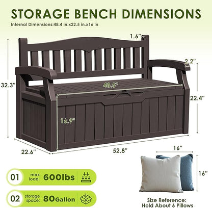 Greesum 80 Gallon Outdoor Storage Bench, Resin Patio Furniture with Armrest,Waterproof and UV-Resistant, Perfect to Garden, Poolside and Lawn, Dark Brown