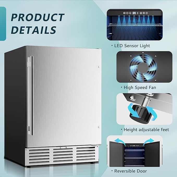 EUHOMY 24 Inch Beverage Refrigerator, Built-in and Freestanding Beverage Cooler 180 Can, Under Counter Beverage Fridge with Stainless Steel Door, Outdoor Refrigerator for Soda, Beer, Wine