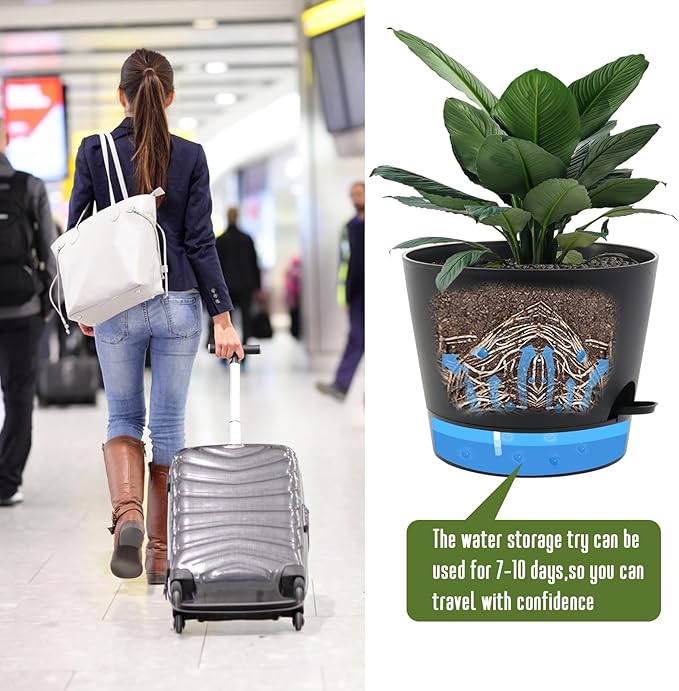Self Watering Pots for Indoor Plants,12 inch Planters with Drainage Holes Plastic Flower Pots with Deep Reservoir, Black