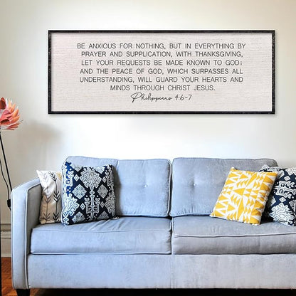 LuZhiQiang Be Anxious for Nothing Wall Decor 32"×12" Philippians 4:6-7 Bible Verse Sign Large Christian Scripture Wood Framed Hanging Decor (Black)