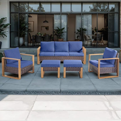 Outdoor Wicker Patio Furniture Set - 5 Piece Patio Conversation Set with 2 Wicker Armrest Chairs,2 Rattan Ottoman and 1 Couch,Sturdy Frame,Thick Cushions,Deep Seating(Brown/Blue)