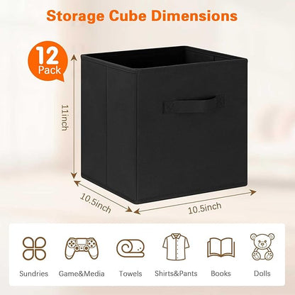GhvyenntteS Storage Cubes 12 Pack, 11 Inch Cube Storage Bins with Dual Handles, Collapsible Heavy Duty Fabric Bins for Shelves Closet, Baskets for Organizing Clothes Bedding Toys Books (Black)