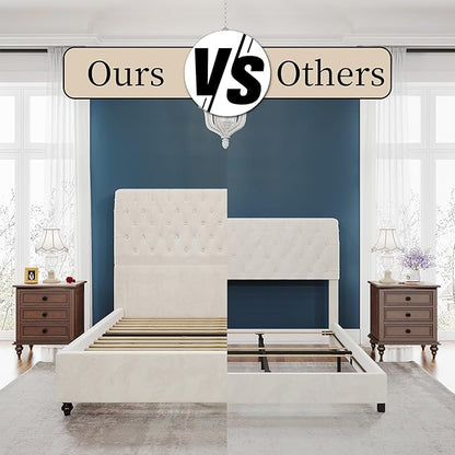 PaPaJet Bed Frame Queen Size Upholstered Platform Bed with 52.8'' Tall Sleigh Headboard, Button Tufted, No Box Spring Needed, Easy Assembly, Cream