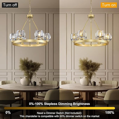 Gold Wagon Wheel Chandelier, 24 Inch Brass Chandeliers with Unique Glass Shade, 6-Light Crystal Farmhouse Wagon Wheel Chandeliers for Dining Room, Round Chandelier for Living Room, Foyer, Entryway