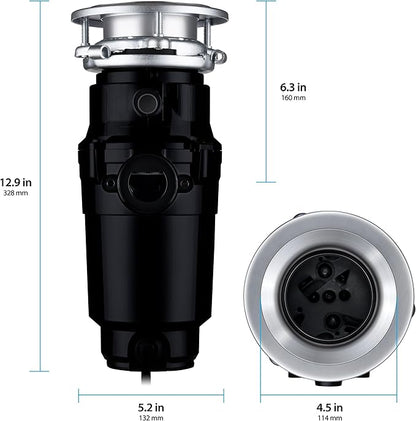 Waste Maid 10-US-WM-158-3B Garbage Disposal Anti-Jam Stainless Steel Food Waste Grinding System, 1/2 HP Standard, Black