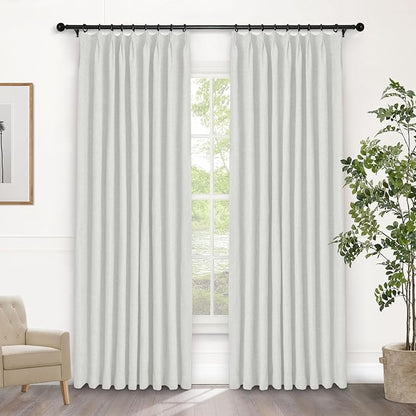 Macochico Pinch Pleated Blackout Linen Curtains 96 Inches Long 100% Light Blocking Burlap Curtains for Bedroom Living Room Thermal Window Panels with Tieback 72”Wx96”L Greyish White 1 Panel