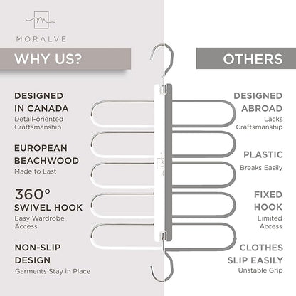 MORALVE Pants Hangers Space Saving - European Beechwood Scarf and Jean Hangers - Closet Organizer and Space Saver Pant Rack, Leggings Hanger, and Scarf Holder with 360° Swivel Hook (1 Pack)