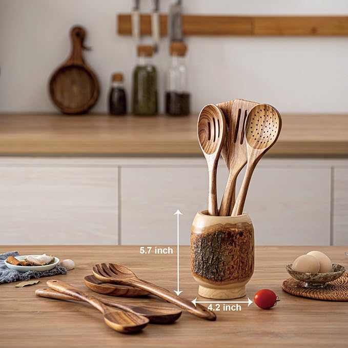Gudamaye 13 inch Long Wooden Spoons for Cooking,Wooden Utensils for Cooking with Utensils Holder,9 PCES Wooden Kitchen Utensils Set with Utensils Holder and Spoon Rest,Natural Teak Wooden Spoons Set