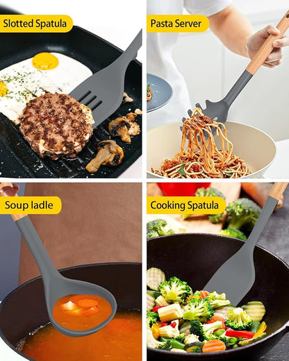Silicone Kitchen Utensil Set for Non Stick Cookware, 7 Pcs Heat Resistant Cooking Utensils with Wooden Handle, BPA Free Kitchen Tools with Spatulas, Spoons, Skimmer and Pasta Fork (GRAY)