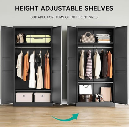 SISESOL Metal Wardrobe Cabinet with Hanging Rod,Black Armoire Wardrobe Closet,Metal Clothing Storage Cabinet with Adjustable Shelves and Doors,72" Cloth Storage Cabinets for Home,Living/Laundry Room