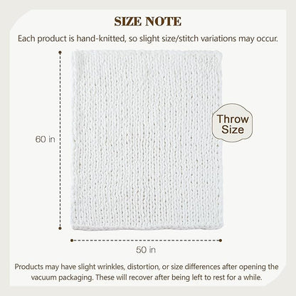 Carriediosa Chunky Knit Throw Blanket 50" X 60", 100% Hand Made Large Chenille Loop Yarn Soft Fluffy Throws for Couch Sofa Bed, Big Crochet Cozy Heavy Thick Cable Woven Blankets, Snow White