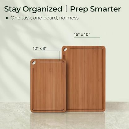 Butcher Block 2-Pcs Carbonized Bamboo Cutting Board Set With Juice Groove For Meal Prep & Cheese Serving - Ideal Kitchen Gift Set of 2 (M+L)