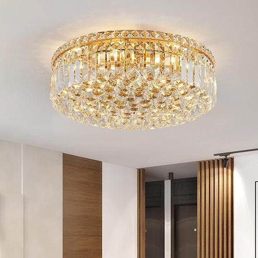 6-Lights Gold Crystal Flush Mount Chandelier Light Fixture K9 Crystals Modern Ceiling Lights Elegant Pendant Lamp for Bedroom,Hallway,Bar,Living Room,Dining Room,H5.9 xW20 (Bulbs Not Included)