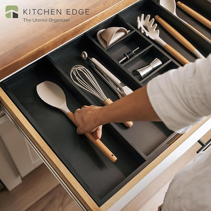 Adjustable Kitchen Drawer Organizer for Utensils and Junk, Food-Safe Contract Grade with 100% Sustainable Wood, Expandable from 19 to 33 Inches Wide - Black Bamboo