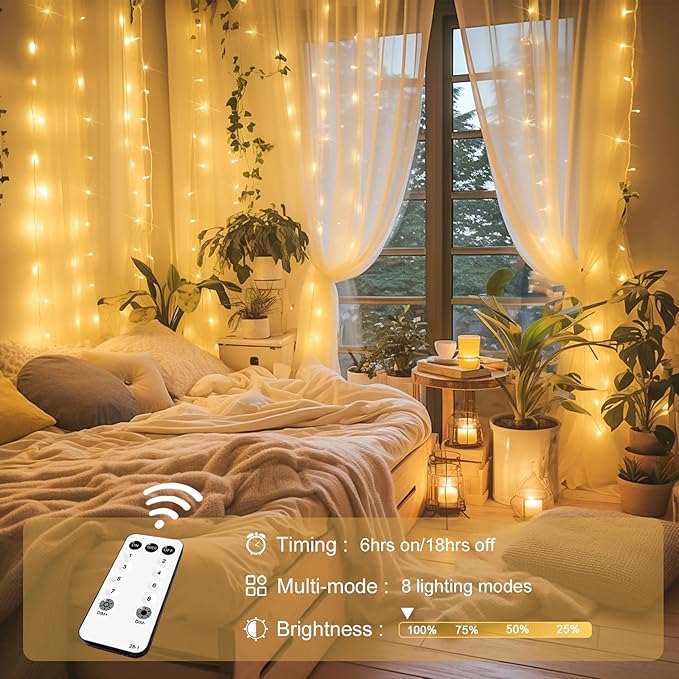 JMEXSUSS 300 LED Remote Control Curtain Lights, Plug in Fairy Curtain Lights Outdoor, Window Wall Hanging String Lights for Bedroom Backdrop Wedding Party Indoor Christmas Patio Dorm Decor, Warm White