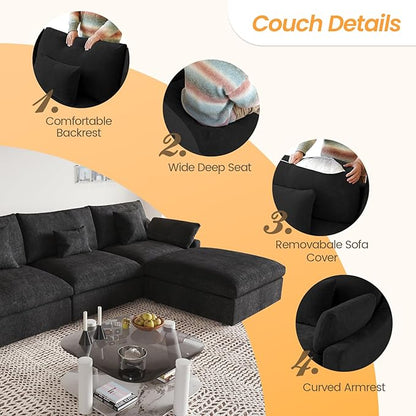 JACH U Shaped Sectional Couches, Cloud Sectional Couch with Deep Seat, 119" Down Filled Modular Sofa with Chaise, Covers Removeable & Washable, Sofas Furniture for Living Room, Black