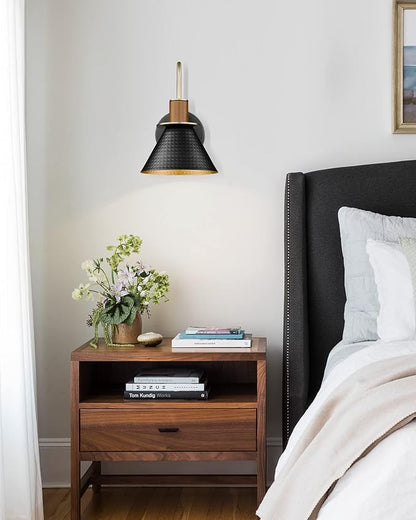 Modern Wall Sconces Set of Two, HWH Industrial Sconce Wall Lighting 1-Light, Gooseneck Barn Wall Vanity Light for Bedroom Kitchen, Hammered Metal Shade, Black and Gold Finish, 5HZG74B-2L BK+BG