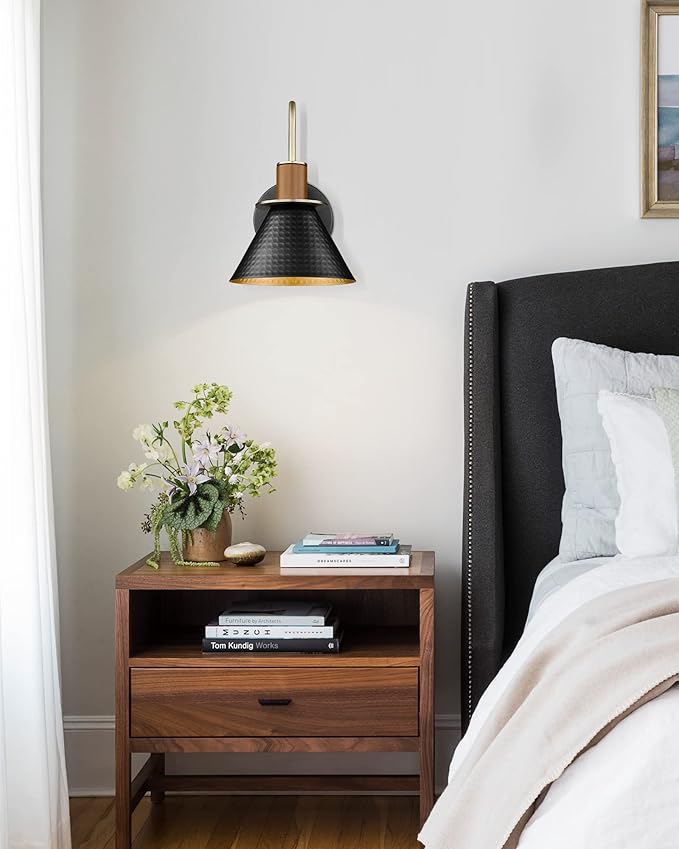 Modern Wall Sconces Set of Two, HWH Industrial Sconce Wall Lighting Indoor Wall Lamp, Gooseneck 1-Light Barn Vanity Light, Hammered Metal Shade, Black and Gold Finish, 5HZG74B-2 BK+BG