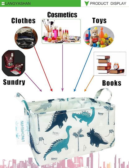 LANGYASHAN Rectangular Storage Bin Collapse Canvas Fabric Cartoon Storage Basket with Handles for Organizing Home Kitchen Boys and Girls Toys Office Closet Shelf Baskets (Rec green dinosaur)