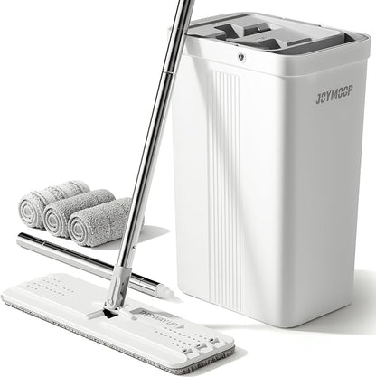 JOYMOOP Mop and Bucket with Wringer Set, White Flat Squeeze Bucket Set for Floor Cleaning, Wet Dry Wall Cleaner with Long Handle, Hardwood Floor Mop-3 Microfiber Cloths