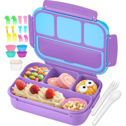 Bento Lunch Box for Kids - 4 Compartment Leak-Proof School Lunch Container with Utensils Purple