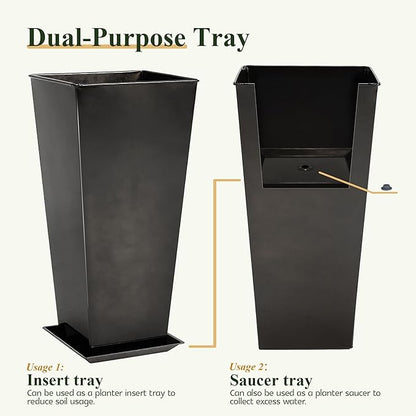 WORTH Garden 25" Large Metal Glazed Planter Set of 2, Luxurious Glossy Finish Black Tall Square Tapered Steel Plant Pots, Decor Flower Pot Indoor & Outdoor, Drainage Hole & Dual-Purpose Plant Saucer