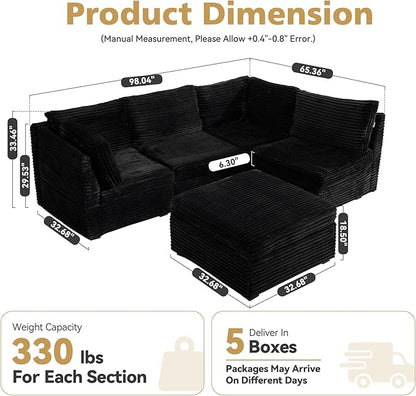 Modular Sectional Sofa, 130.7" L Shaped Couch Set for Living Room, 4-Seater Comfy Cloud Couches with Movable Ottoman, DIY Combination, Plush Corduroy, Black
