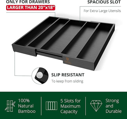 ROYAL CRAFT WOOD Luxury Bamboo Kitchen Drawer Organizer - Silverware Organizer - Utensil Holder and Cutlery Tray with Grooved Drawer Dividers for Flatware and Kitchen Utensils (5 Slot, Black)