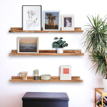 AZSKY Picture Ledge Shelf Wall Ledge Floating Shelves for Photo Frames Kids Book Shelves Wall Mounted Burnt Wall Display Shelf Wooden Frame Ledge 48 Inches Set of 3 Bathroom Organizer Shelves