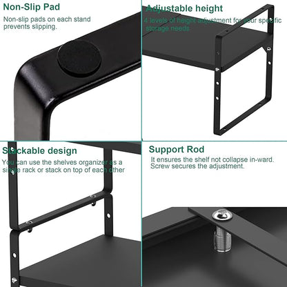 iPEGTOP 2 Pack Expandable Cabinet Storage Shelf Organizer Rack, Heavy Duty Steel Metal Spice Rack Adjustable Height Office Garage Pantry Shelf Space Riser for Counter Kitchen Organization, Black
