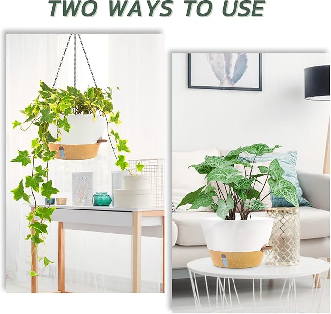 ZMTECH 10 Inch Hanging Planters for Outdoor Plants, Hanging Pots for Plants Indoor with Visible Water Level, Hanging Flower Basket with Drainage Holes & Removable Tray(2 Pack, White)