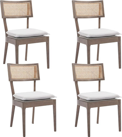 Rattan Dining Chairs Set Of 4 , Mid Century Modern Upholstered Cane Back Chairs with Removable Linen Cushion , Retro Farmhouse Natural Wooden Kitchen & Dining Room Chairs for Restaurant Living Room