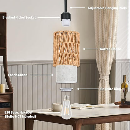 Pendant Light Boho Hanging Lamp - Rattan & Linen 2-in-1 Shade, Adjustable Hanging Lights Fixture for Kitchen Island, Dining Room, Farmhouse, Bedroom (2 Pack)