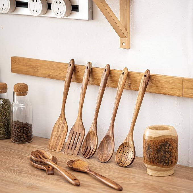 Gudamaye 13 inch Long Wooden Spoons for Cooking,Wooden Utensils for Cooking with Utensils Holder,9 PCES Wooden Kitchen Utensils Set with Utensils Holder and Spoon Rest,Natural Teak Wooden Spoons Set