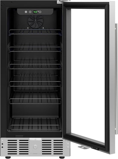 KoolMore 15” Inch Small Built-In Refrigerator and Beverage Cooler for Soda Cans, Beer Cans, Food and Fresh Snacks, 5 Wire Shelves, Adjustable Temperature Range (KM-BIR3C-GD), Stainless Steel