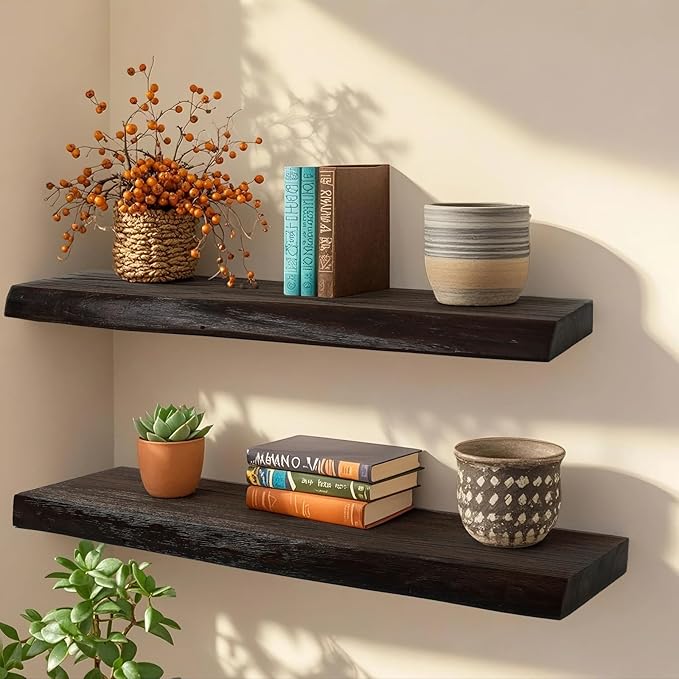 Wood Floating Shelves Set of 2, Aged Elm Wood Picture Wall Shelf, Floating Shelves for Wall for Bedroom Kitchen Bathroom Living Room (Walnut, 36 inch)