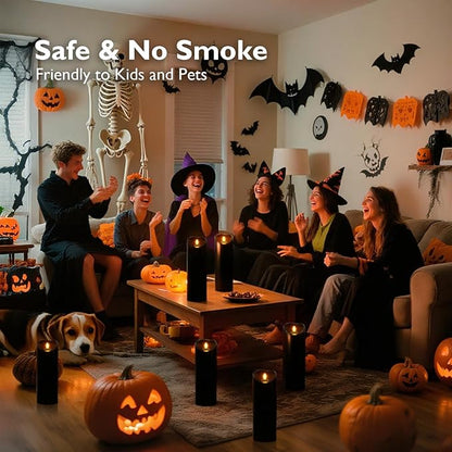 Homemory 4"x12" Black Flameless Candles, Halloween Candles, Outdoor Waterproof Flameless Candles with Remote and Timers, Gothic, Battery Operated LED Pillar Candles, Won't Melt Plastic, 2Pack