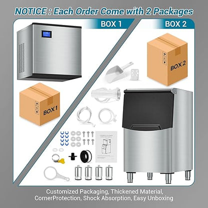 Large Commercial Ice Maker Machine: 500lbs/24H Production, with 350lbs Ice Storage Bucket, 156 Ice Cubes in 6-15 Mins - Stainless Steel Industrial Ice Maker for Restaurant, Bar, Cafe, Commercial Use
