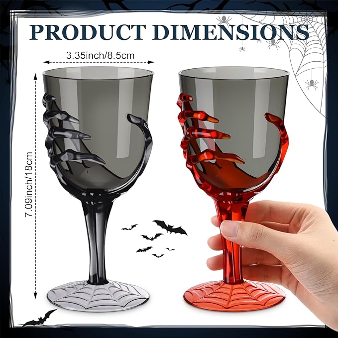 Dandat 24 Pcs Halloween Skeleton Hand Goblets 12oz Clear Plastic Halloween Cups Skull Wine Glass Set for Creepy Spooky Party Decorations (Black,Orange)