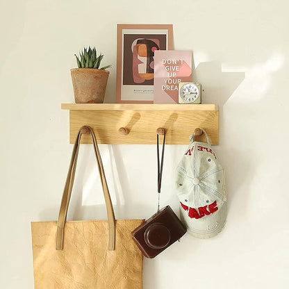 Entrance Coat Rack ，Coat Hooks, Wall-Mounted Wooden Hook Rack, Wall-Mounted Shelves are Very Suitable (Oak Colored Finish-1)
