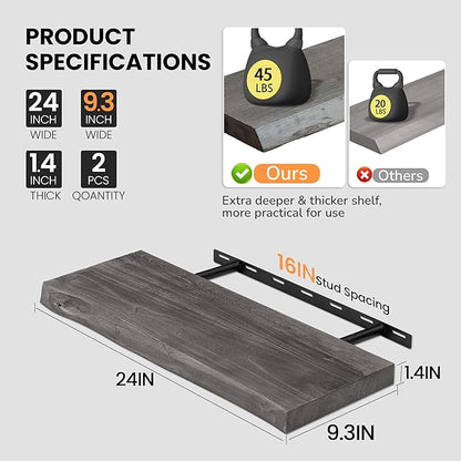Floating Shelves for Wall, 24"x9.3" Rustic Solid Live-Edge Elm Wood Wall Shelves, Heavy-Duty Floating Shelves with Invisible Brackets, Set of 2 for Living Room, Bedroom, and Kitchen, Grey Finish